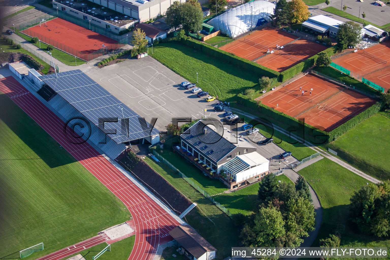 Sports grounds of SV-1899 eV Langensteinbach in the district Langensteinbach in Karlsbad in the state Baden-Wuerttemberg, Germany seen from a drone