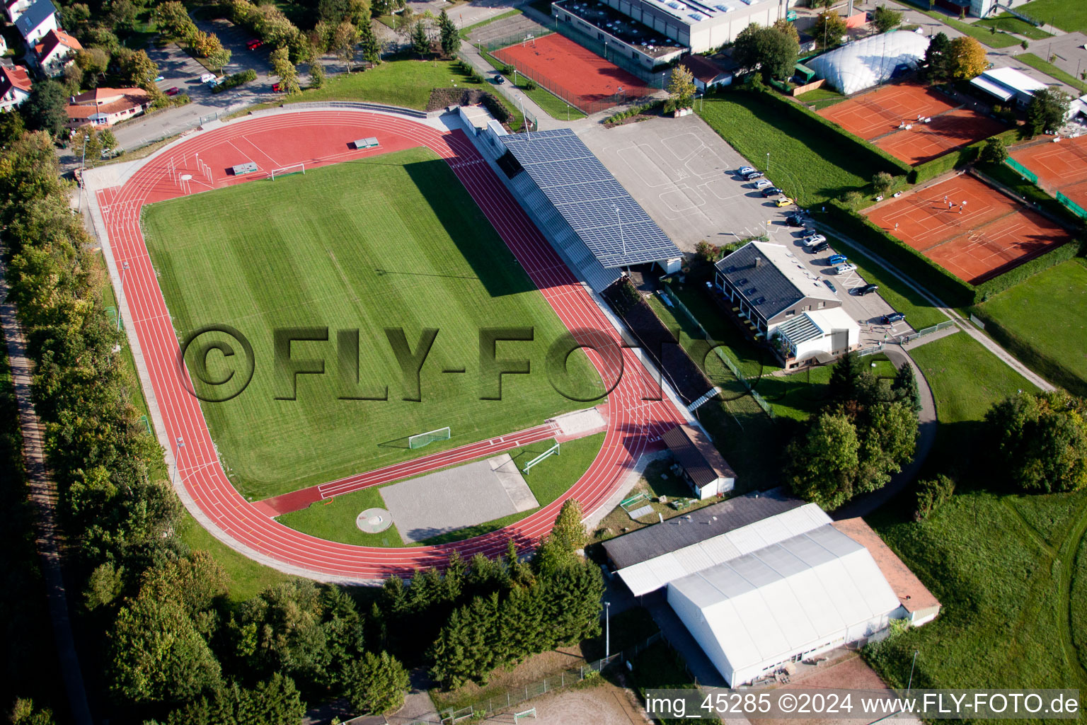 Ensemble of sports grounds of the schools in Karlsbad in the state Baden-Wurttemberg from the plane