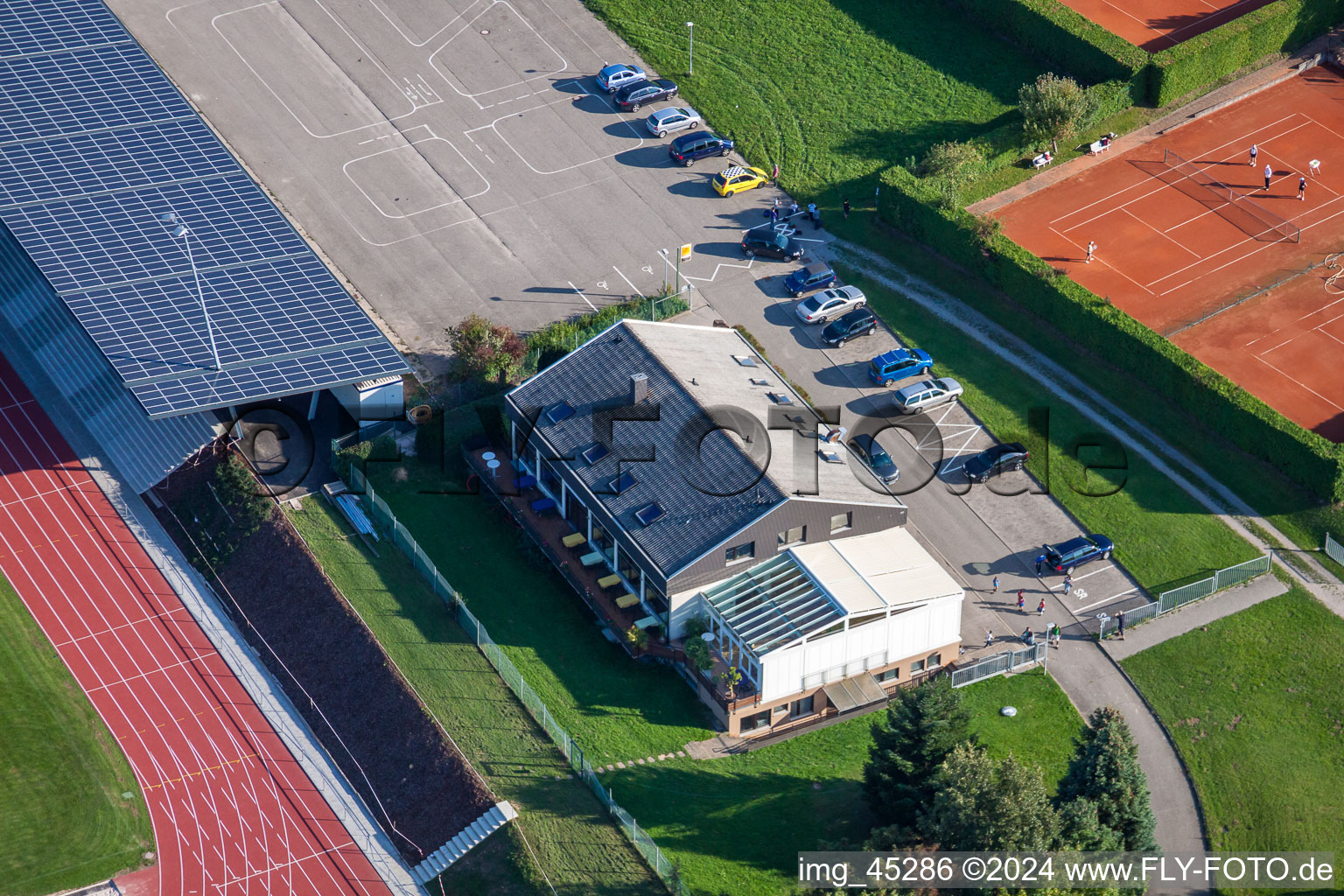 Aerial view of Sports grounds of SV-1899 eV Langensteinbach in the district Langensteinbach in Karlsbad in the state Baden-Wuerttemberg, Germany