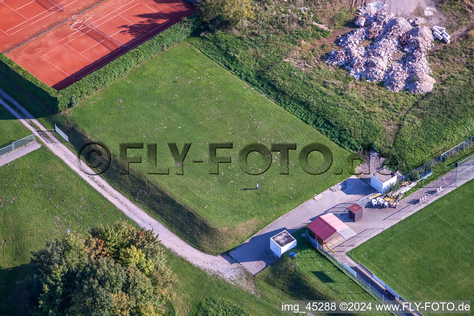 Aerial photograpy of Sports grounds of SV-1899 eV Langensteinbach in the district Langensteinbach in Karlsbad in the state Baden-Wuerttemberg, Germany