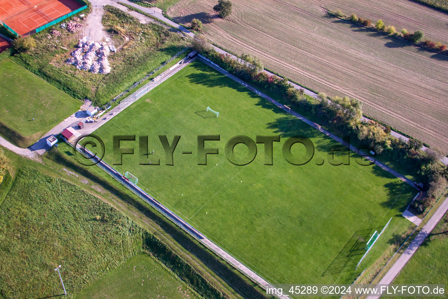 Oblique view of Sports grounds of SV-1899 eV Langensteinbach in the district Langensteinbach in Karlsbad in the state Baden-Wuerttemberg, Germany