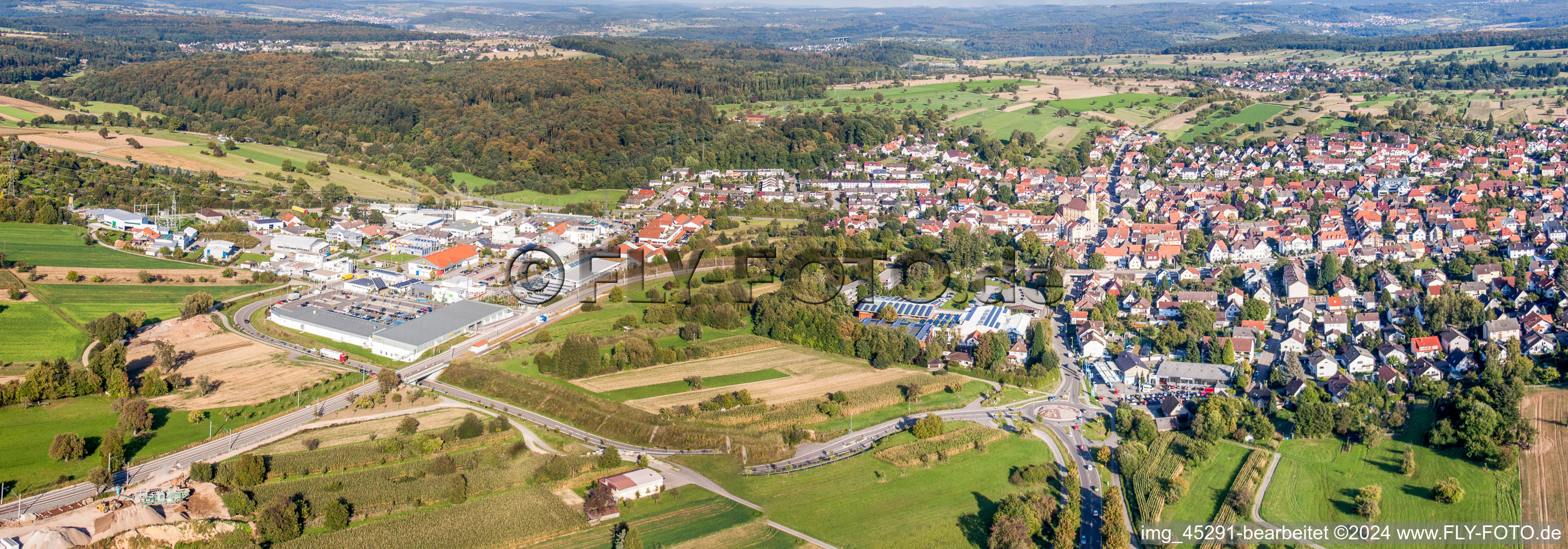 Panoramic perspective Town View of the streets and houses of the residential areas in the district Langensteinbach in Karlsbad in the state Baden-Wurttemberg, Germany