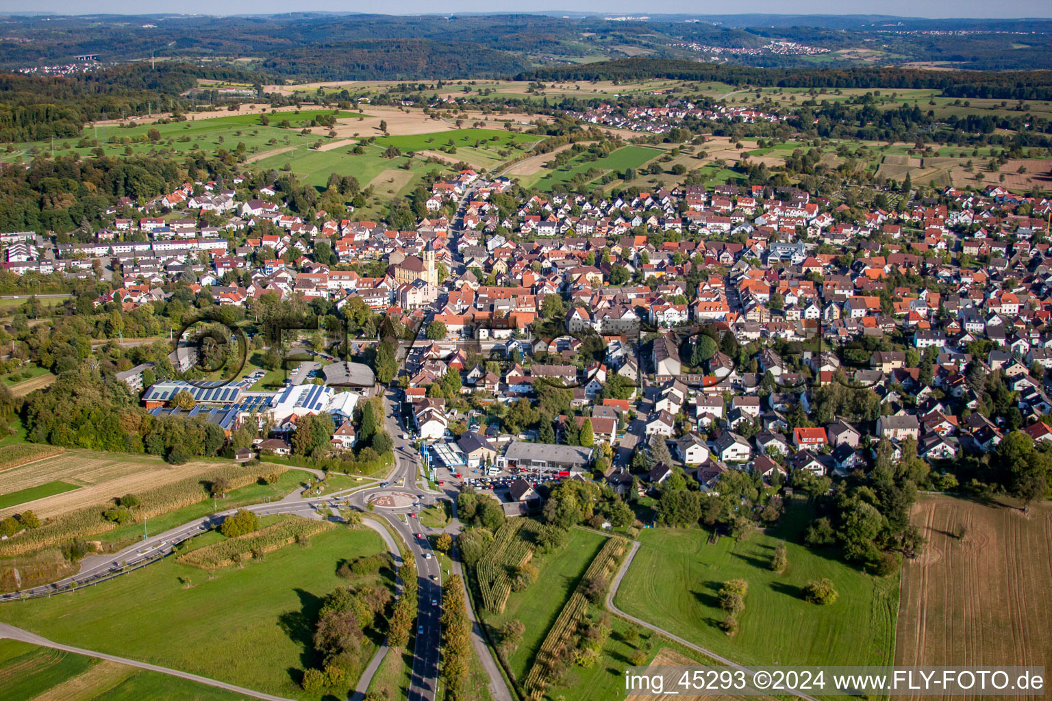 Aerial view of From the west in the district Langensteinbach in Karlsbad in the state Baden-Wuerttemberg, Germany