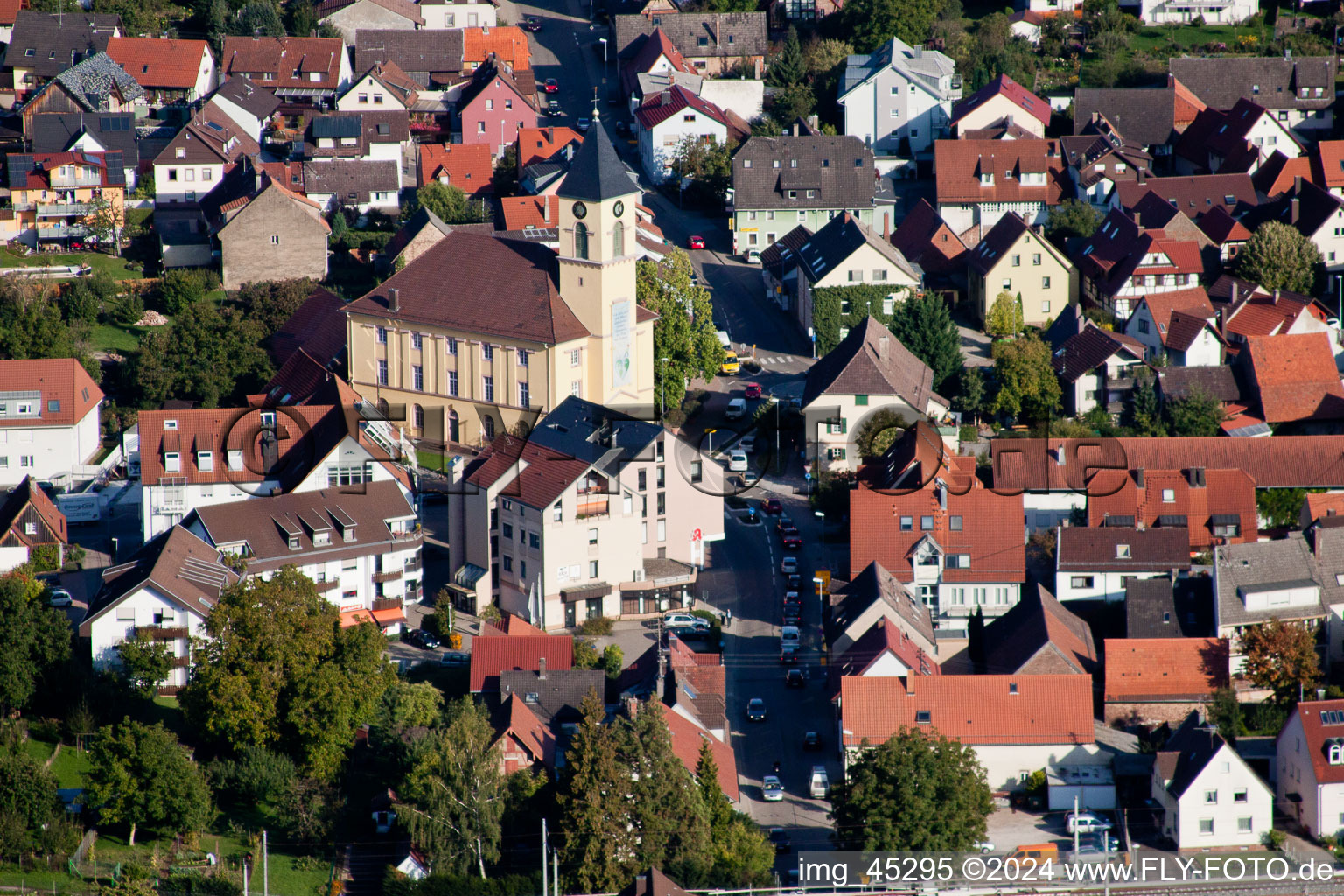 Oblique view of Main Street in the district Langensteinbach in Karlsbad in the state Baden-Wuerttemberg, Germany