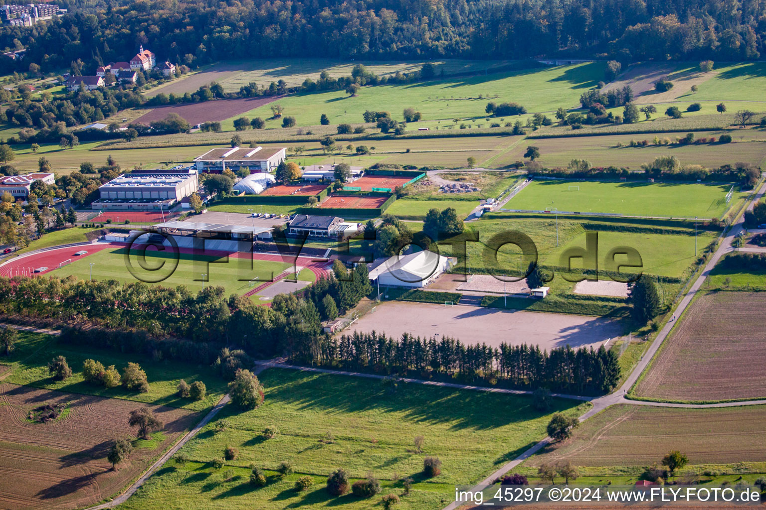 Sports grounds of SV-1899 eV Langensteinbach in the district Langensteinbach in Karlsbad in the state Baden-Wuerttemberg, Germany from above