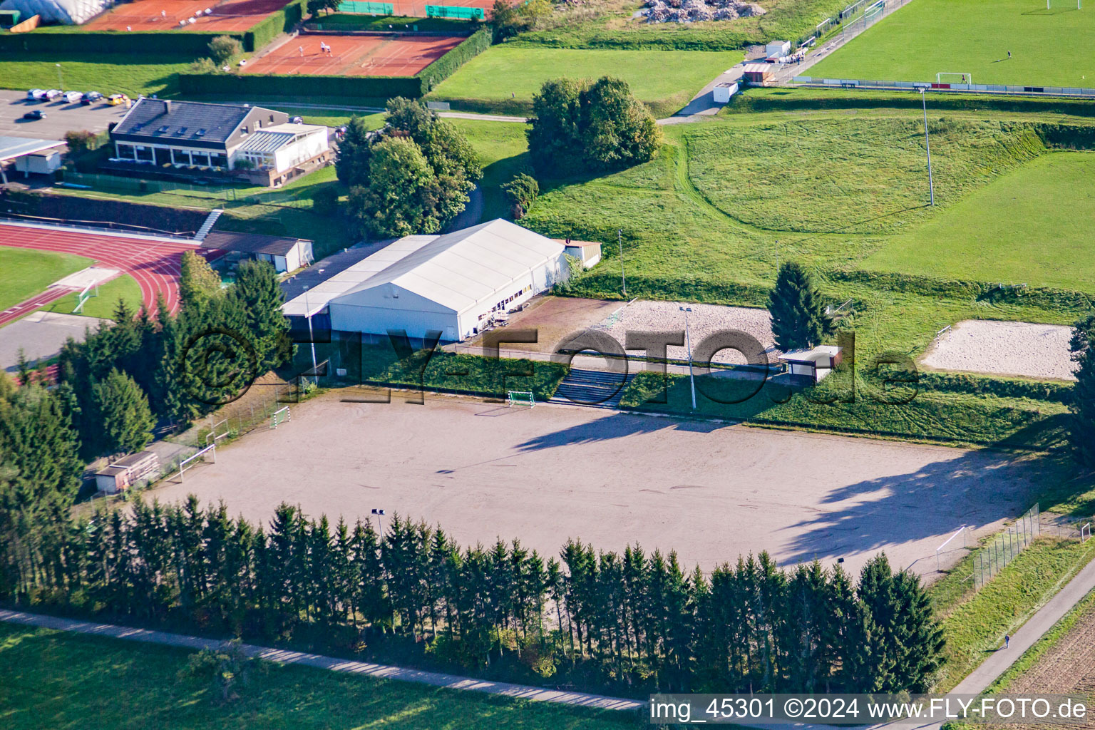 Sports grounds of SV-1899 eV Langensteinbach in the district Langensteinbach in Karlsbad in the state Baden-Wuerttemberg, Germany out of the air