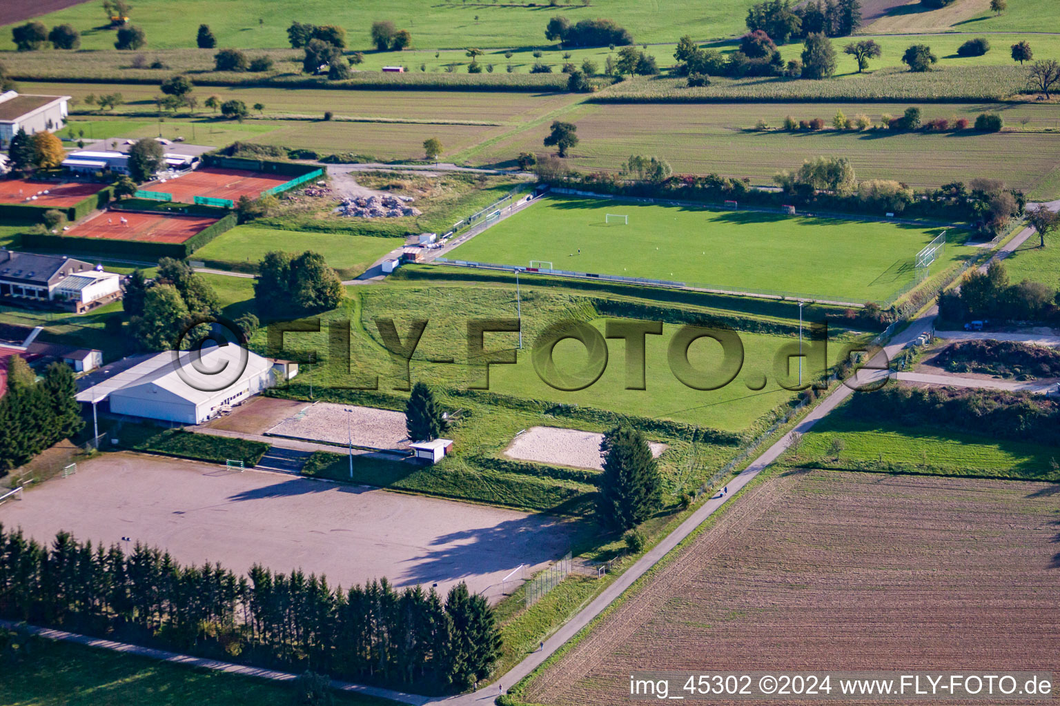 Sports grounds of SV-1899 eV Langensteinbach in the district Langensteinbach in Karlsbad in the state Baden-Wuerttemberg, Germany seen from above