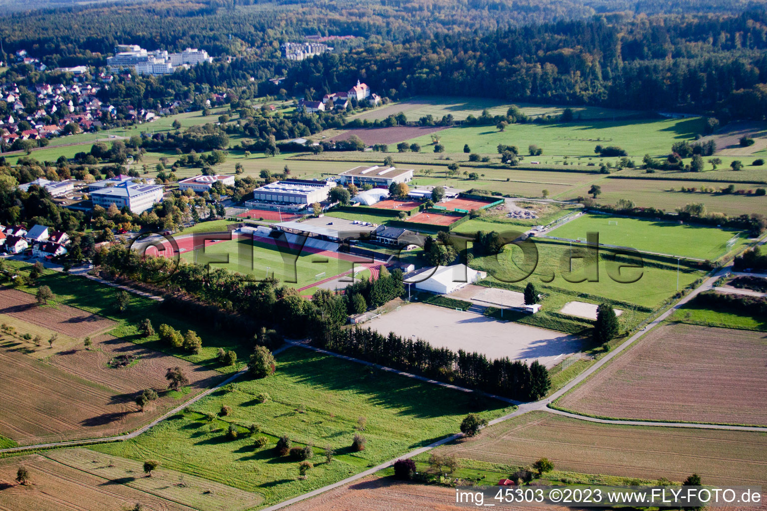 Oblique view of SV-Langensteinbach sports grounds in the district Langensteinbach in Karlsbad in the state Baden-Wuerttemberg, Germany