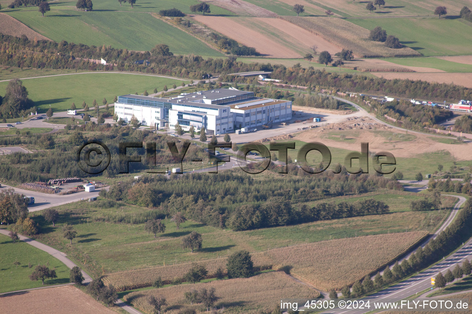 Aerial photograpy of PI Physics Instruments GmbH in the district Stupferich in Karlsruhe in the state Baden-Wuerttemberg, Germany