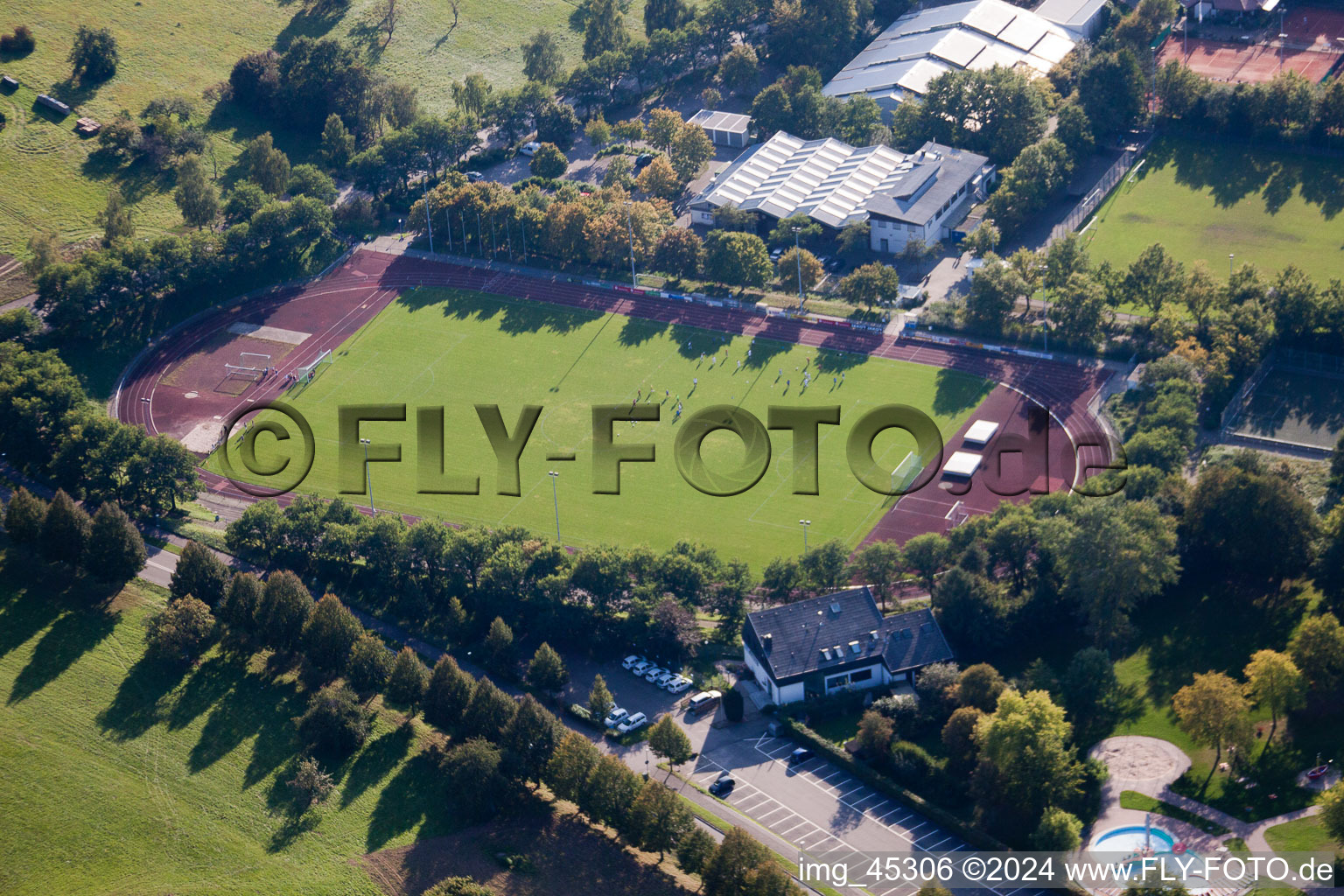 Aerial view of TSV 05 Reichenbach in the district Busenbach in Waldbronn in the state Baden-Wuerttemberg, Germany