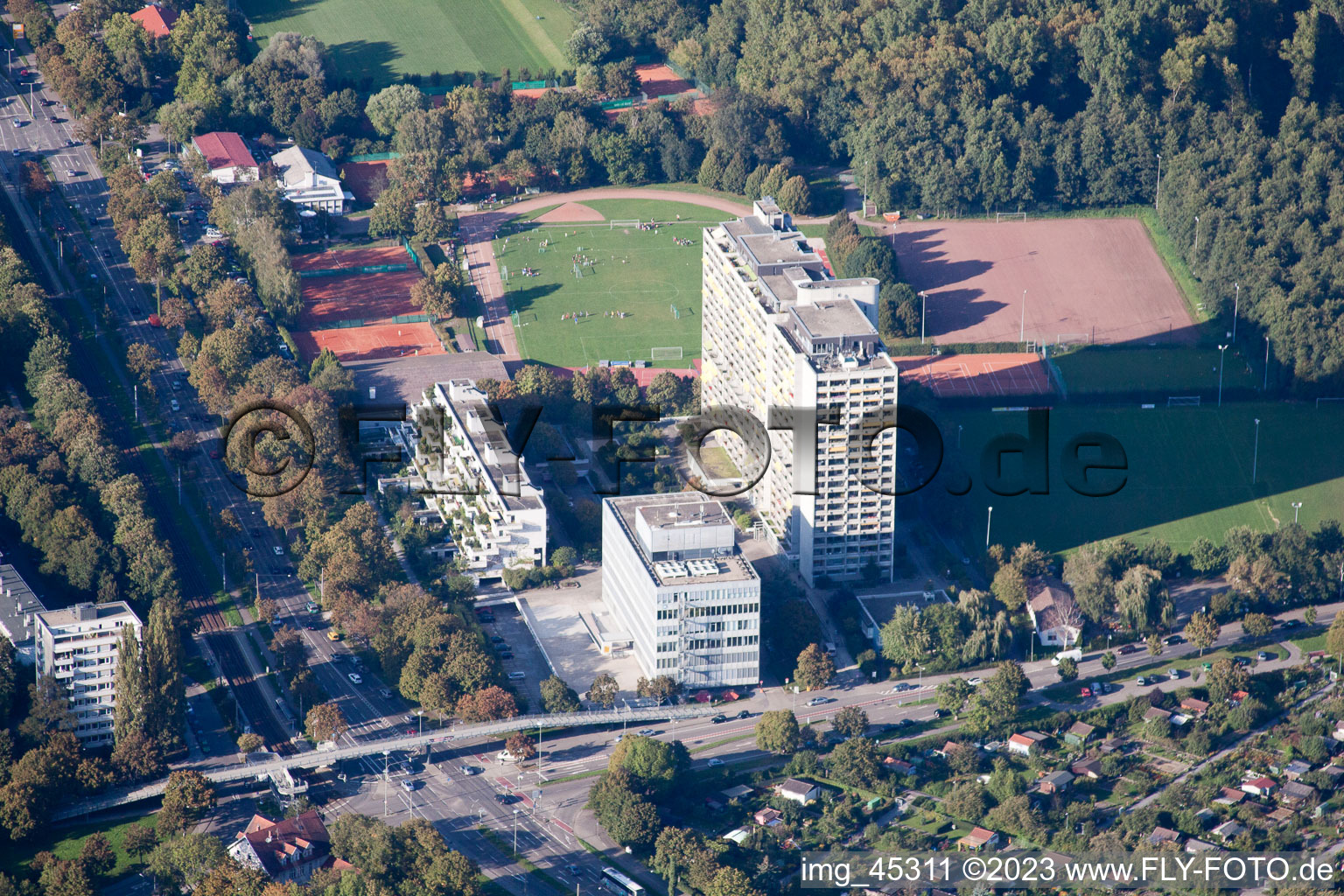 District Weiherfeld-Dammerstock in Karlsruhe in the state Baden-Wuerttemberg, Germany seen from above