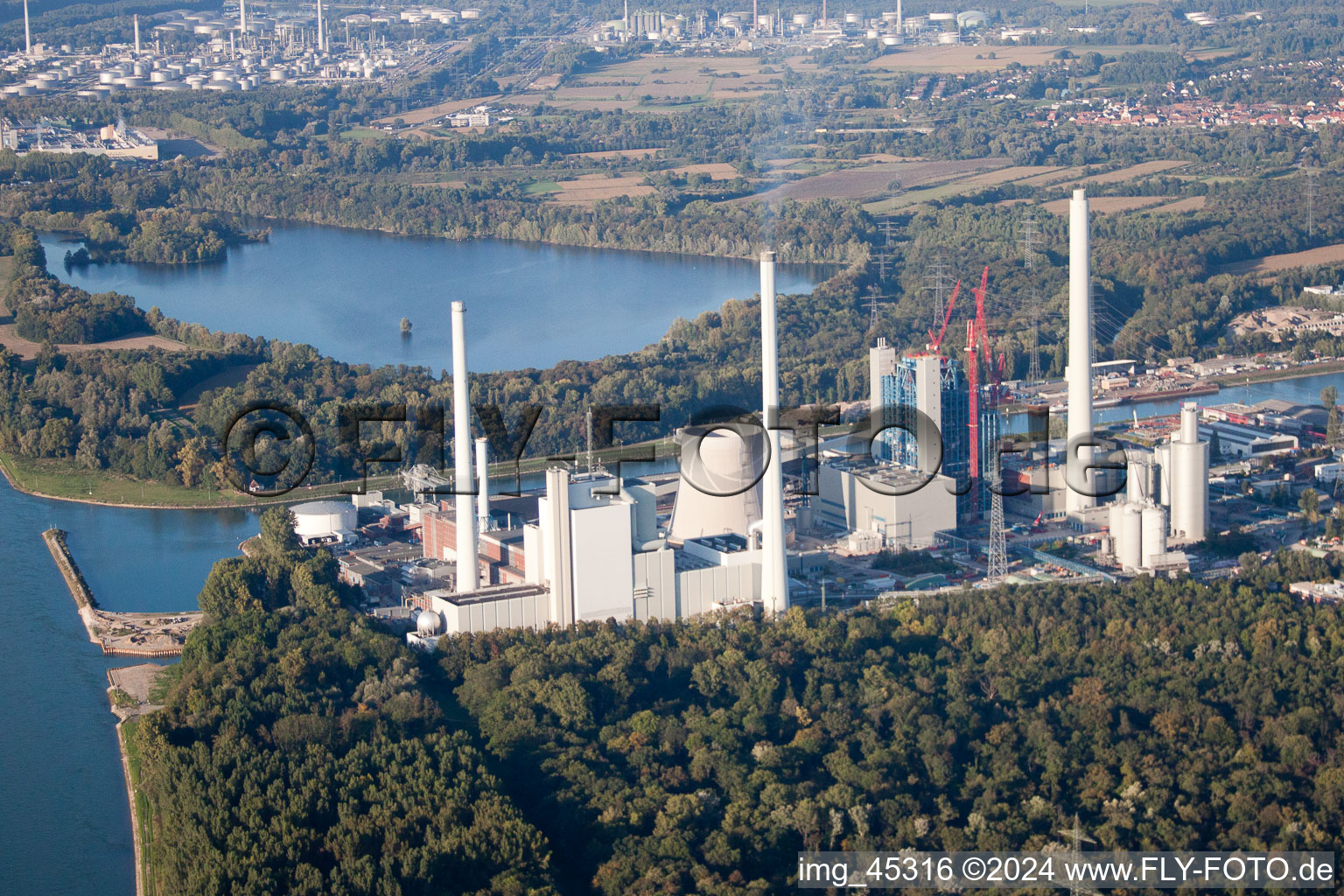 Aerial view of ENBW in the district Rheinhafen in Karlsruhe in the state Baden-Wuerttemberg, Germany