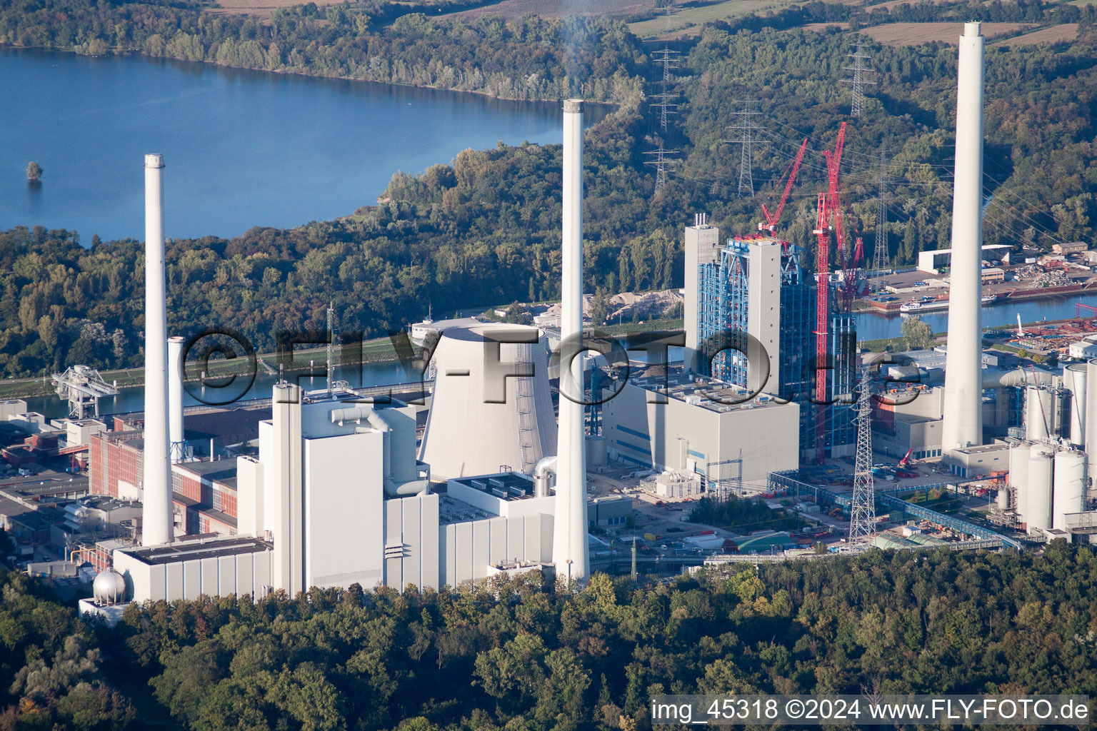 Oblique view of ENBW in the district Rheinhafen in Karlsruhe in the state Baden-Wuerttemberg, Germany