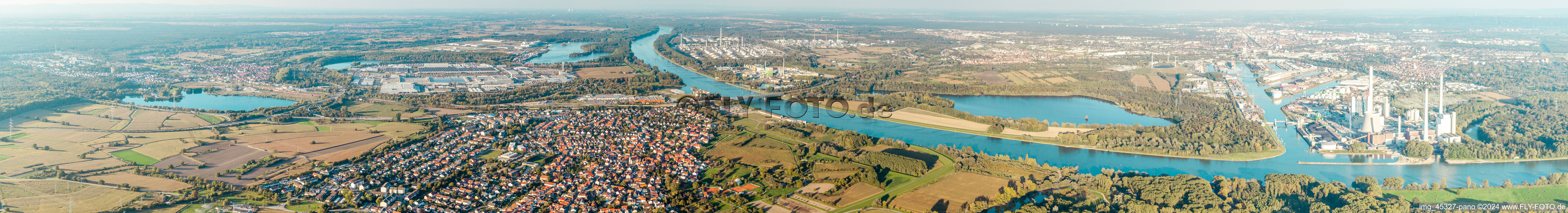 Panoramic perspective of River - bridge construction across the Rhine in the district Maximiliansau in Woerth am Rhein in the state Rheinland-Pfalz, Germany