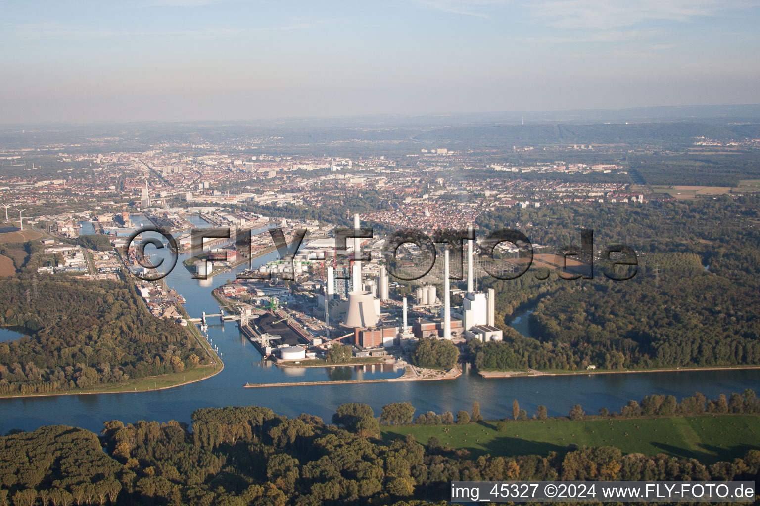 ENBW in the district Rheinhafen in Karlsruhe in the state Baden-Wuerttemberg, Germany seen from above