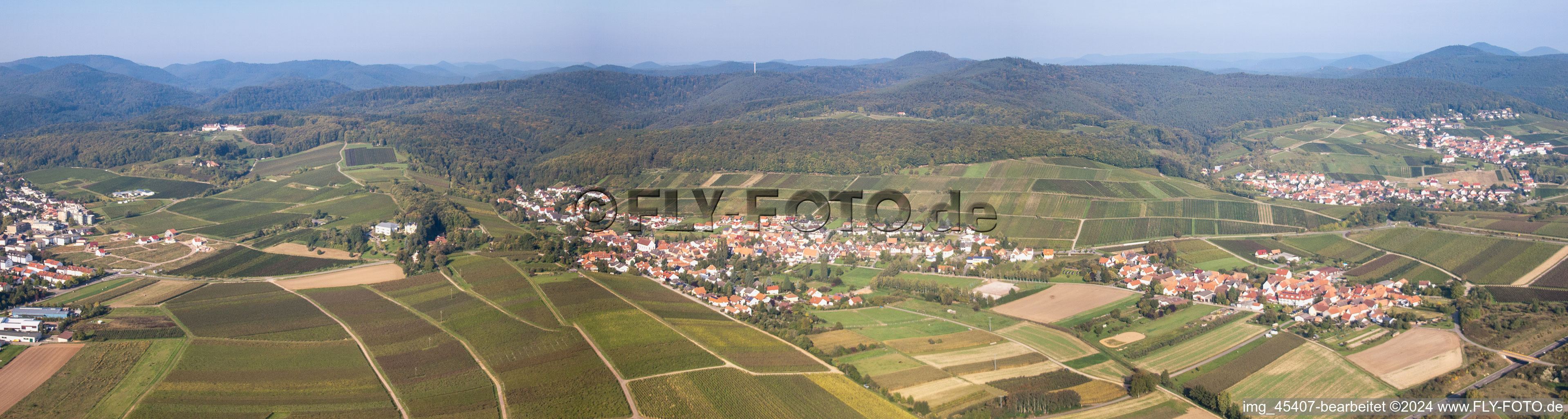 Circumferential , horizontally adjustable 360 degree perspective Forest and mountain scenery of Pfaelzerwald / Haardtrand in Pleisweiler-Oberhofen in the state Rhineland-Palatinate, Germany