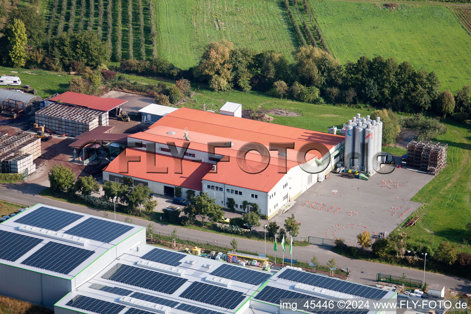 Aerial view of Winegrowers' cooperative in Ilbesheim bei Landau in der Pfalz in the state Rhineland-Palatinate, Germany