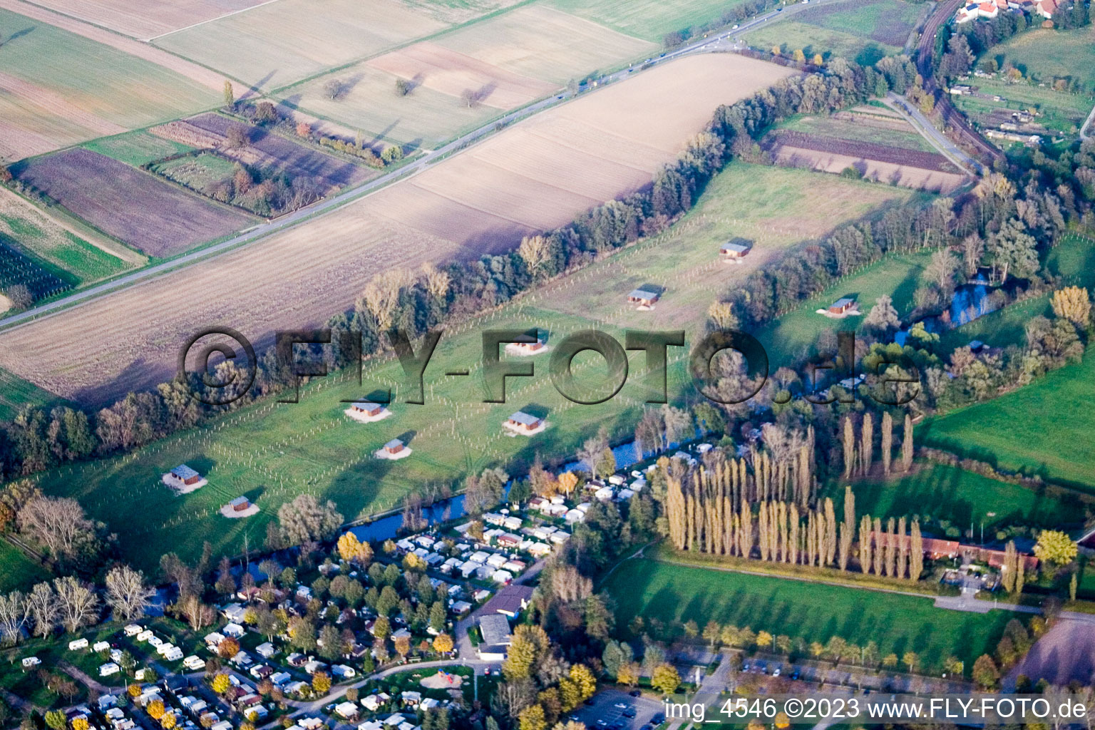 Oblique view of Mhou Ostrich Farm in Rülzheim in the state Rhineland-Palatinate, Germany
