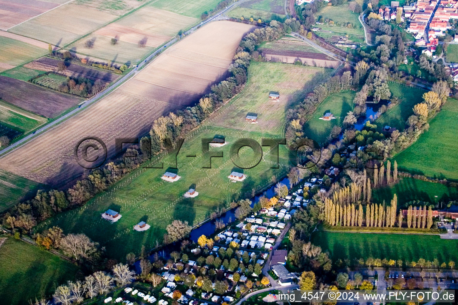 Mhou Ostrich Farm in Rülzheim in the state Rhineland-Palatinate, Germany from above