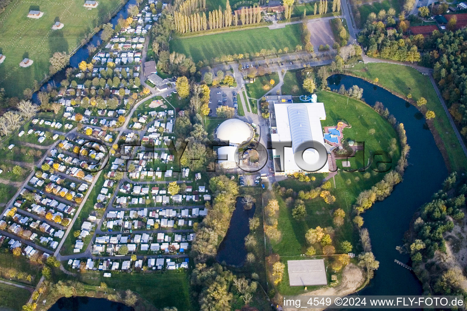 Aerial view of Moby Dick, campsite in Rülzheim in the state Rhineland-Palatinate, Germany