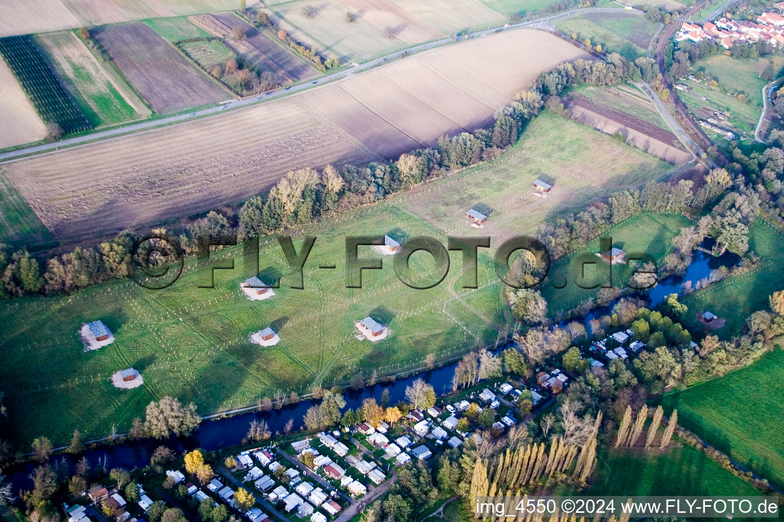 Mhou Ostrich Farm in Rülzheim in the state Rhineland-Palatinate, Germany out of the air