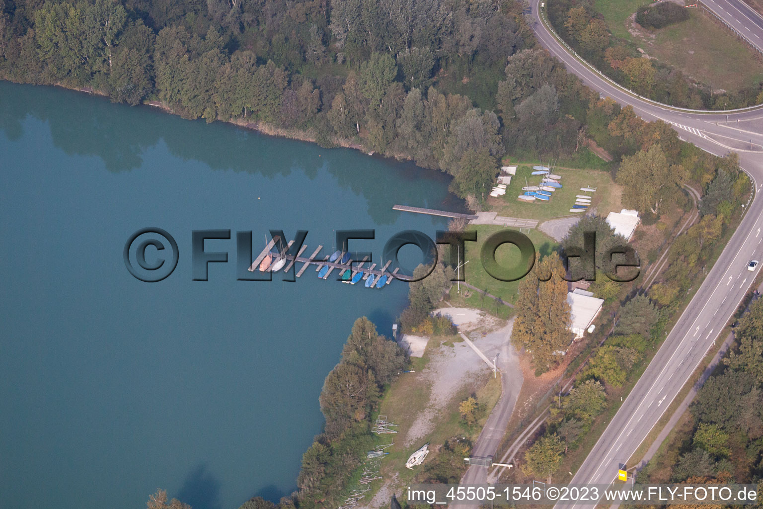 Aerial view of Sailing club in the district Neudorf in Graben-Neudorf in the state Baden-Wuerttemberg, Germany