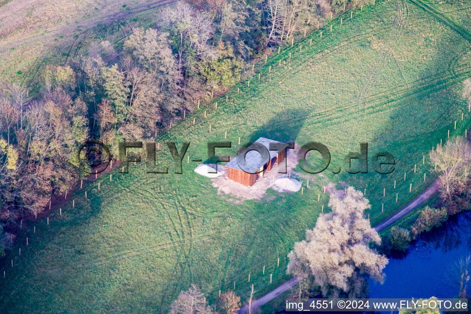 Mhou Ostrich Farm in Rülzheim in the state Rhineland-Palatinate, Germany seen from above