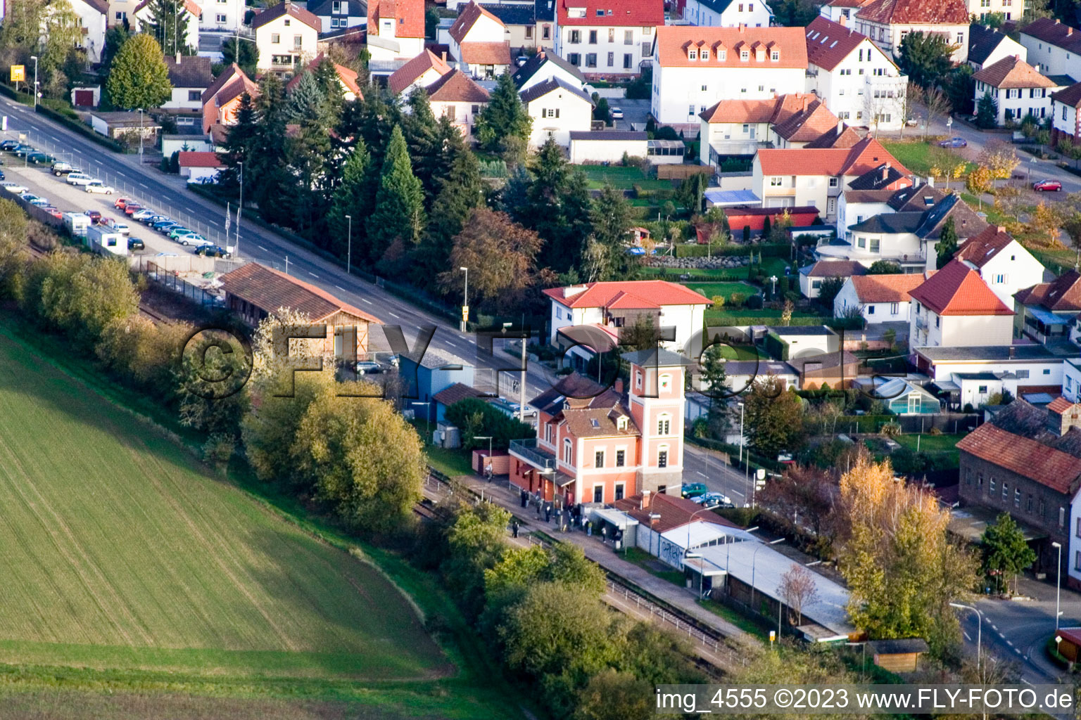 Aerial view of Bahnhofstr in Rülzheim in the state Rhineland-Palatinate, Germany