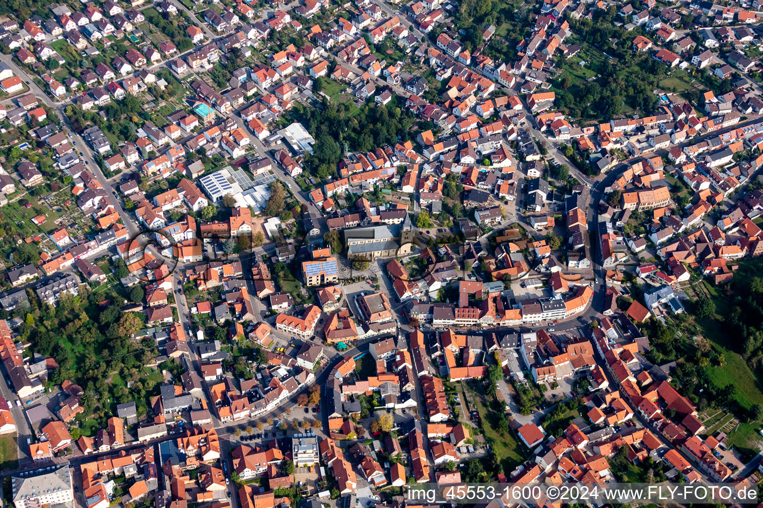 Aerial view of Church building in Old Town- center of downtown in Oestringen in the state Baden-Wurttemberg, Germany