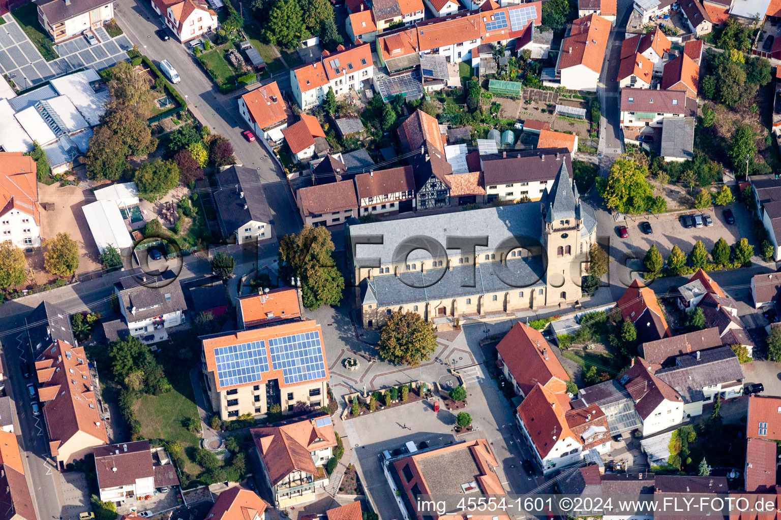 Aerial photograpy of Church building in Old Town- center of downtown in Oestringen in the state Baden-Wurttemberg, Germany