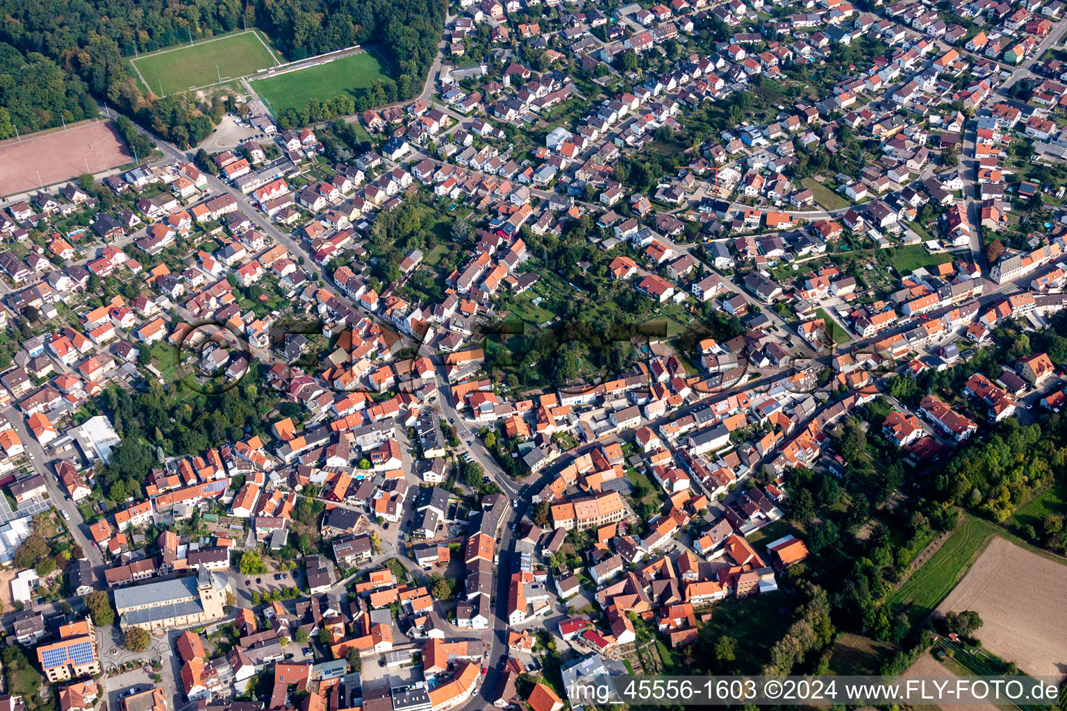 Aerial view of Town View of the streets and houses of the residential areas in Oestringen in the state Baden-Wurttemberg, Germany