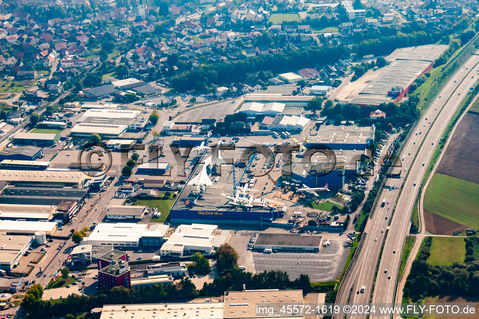 Technology Museum in the district Steinsfurt in Sinsheim in the state Baden-Wuerttemberg, Germany from the plane