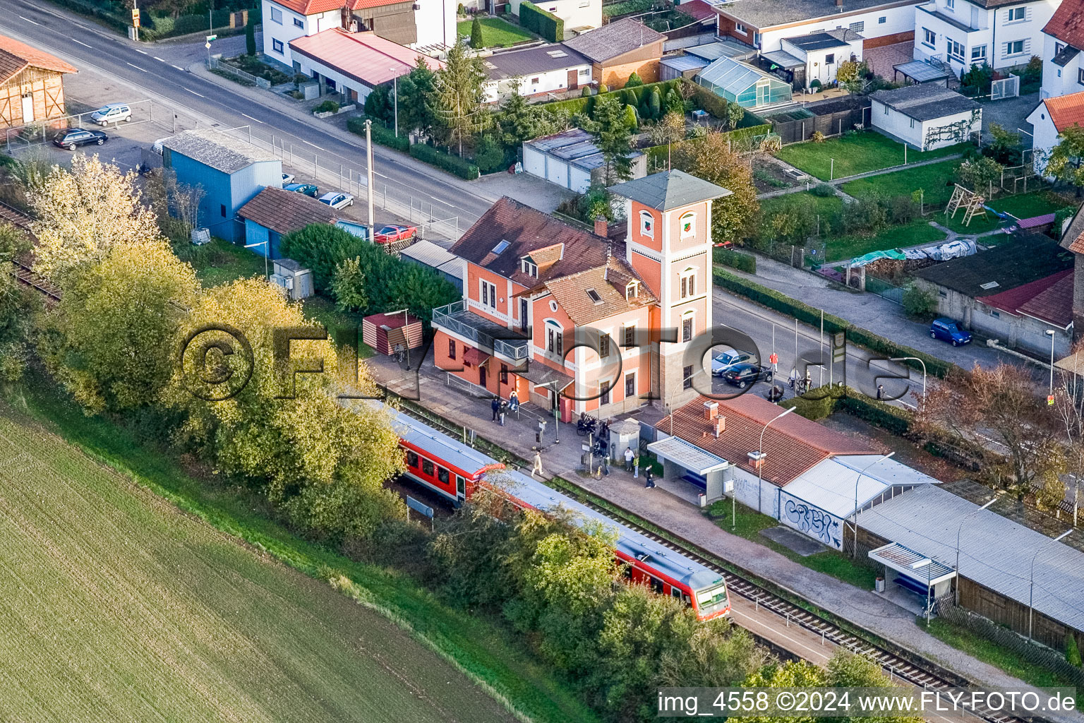 Station building and track systems of the S-Bahn station Ruelzheim in Ruelzheim in the state Rhineland-Palatinate, Germany