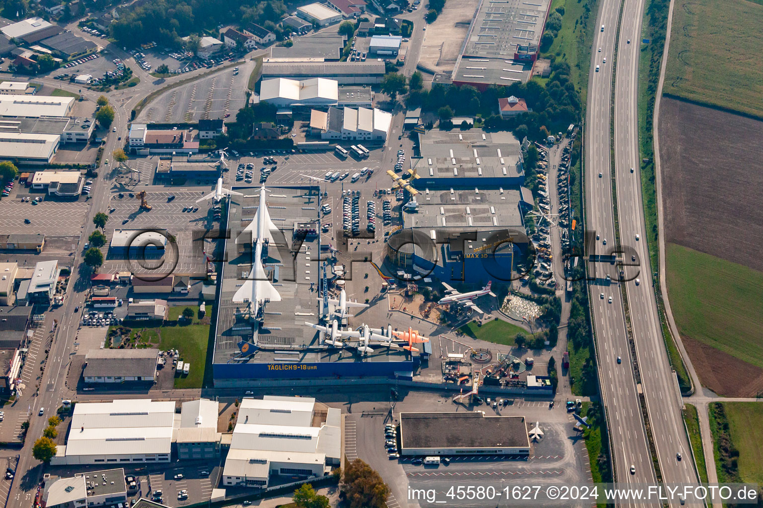 Aerial photograpy of Museum building ensemble Auto & Technik MUSEUM SINSHEIM in the district Steinsfurt in Sinsheim in the state Baden-Wurttemberg, Germany