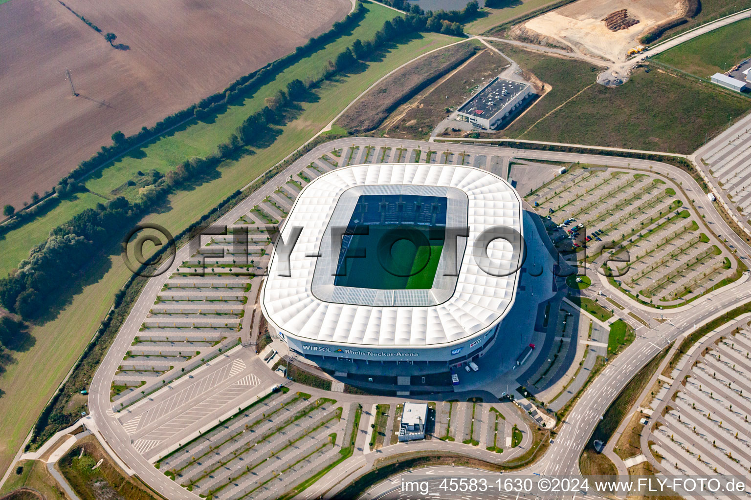 Aerial view of Rhein-Neckar-Arena in Sinsheim in the state Baden-Wuerttemberg, Germany