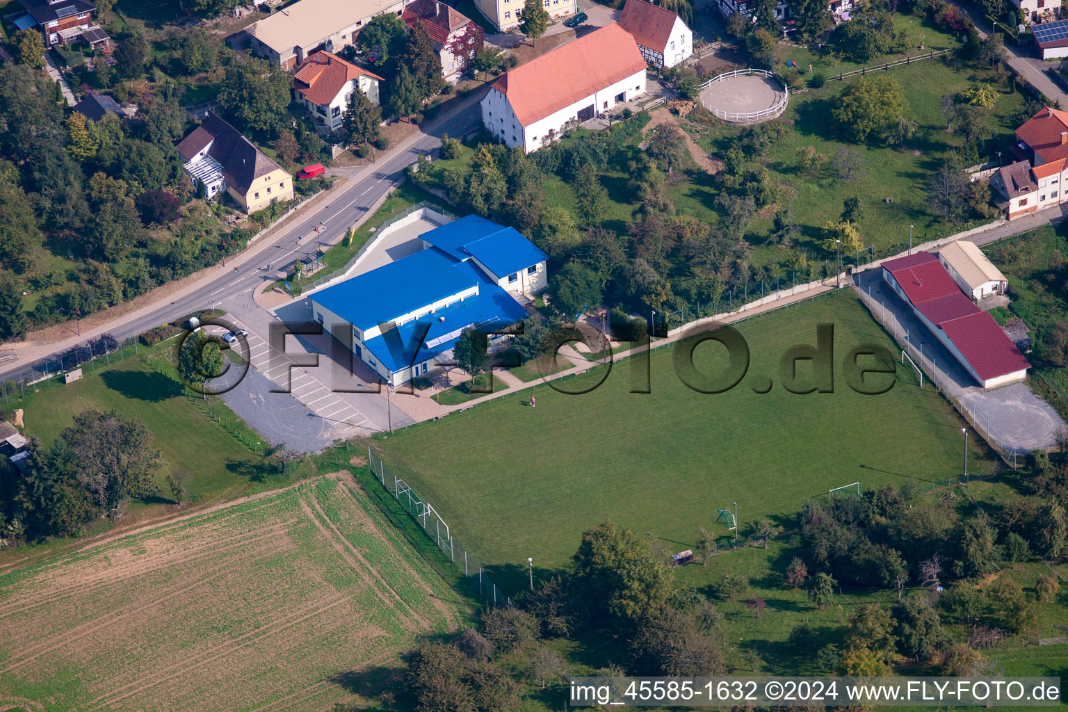 Aerial view of Multi-purpose hall in the district Adersbach in Sinsheim in the state Baden-Wuerttemberg, Germany