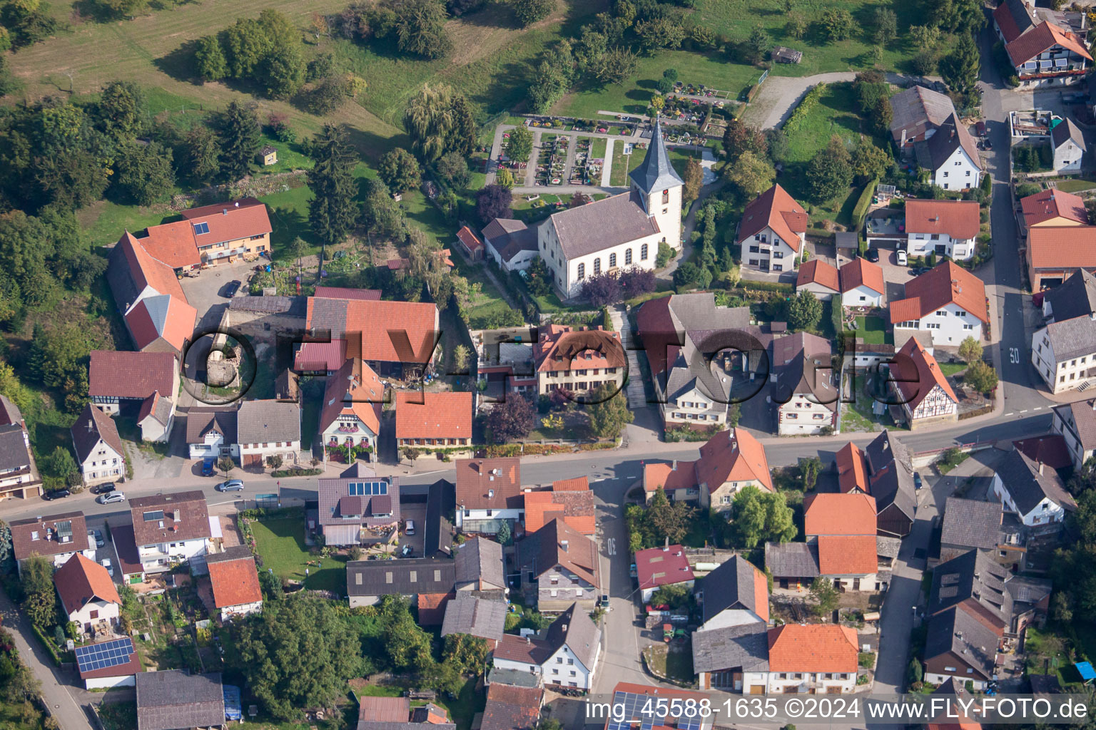 Aerial view of Laurentius Church in the district Adersbach in Sinsheim in the state Baden-Wuerttemberg, Germany