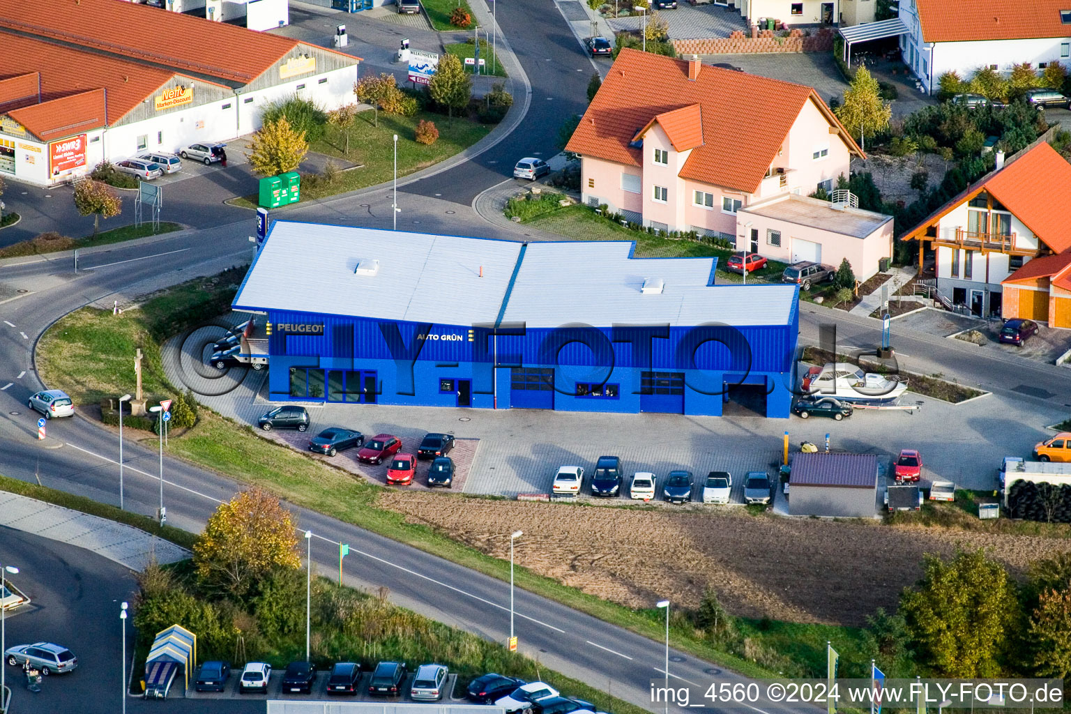 Aerial view of Nordring, Peugeot dealership Grün in Rülzheim in the state Rhineland-Palatinate, Germany