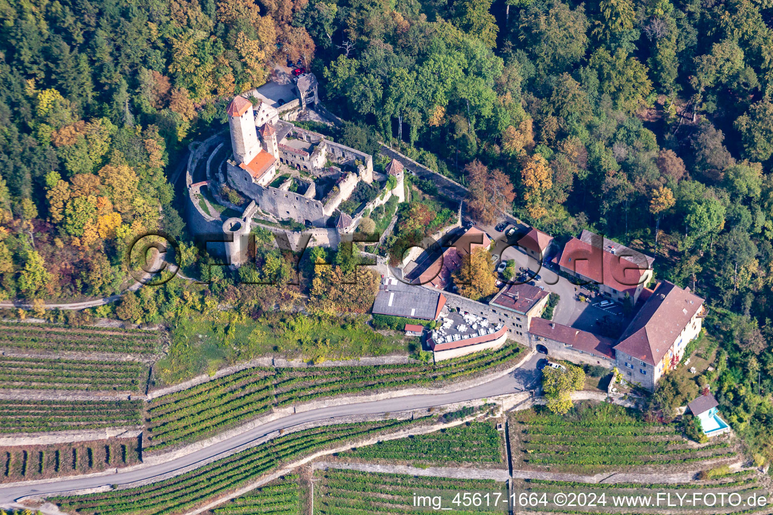 Aerial photograpy of Hornberg Castle at Neckarzimmern in Neckarzimmern in the state Baden-Wuerttemberg, Germany