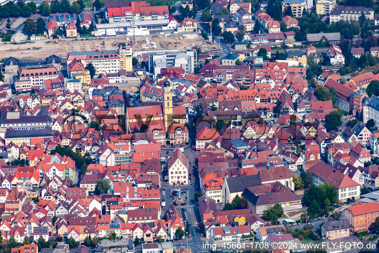 Market square in the old town in Bad Mergentheim in the state Baden-Wuerttemberg, Germany