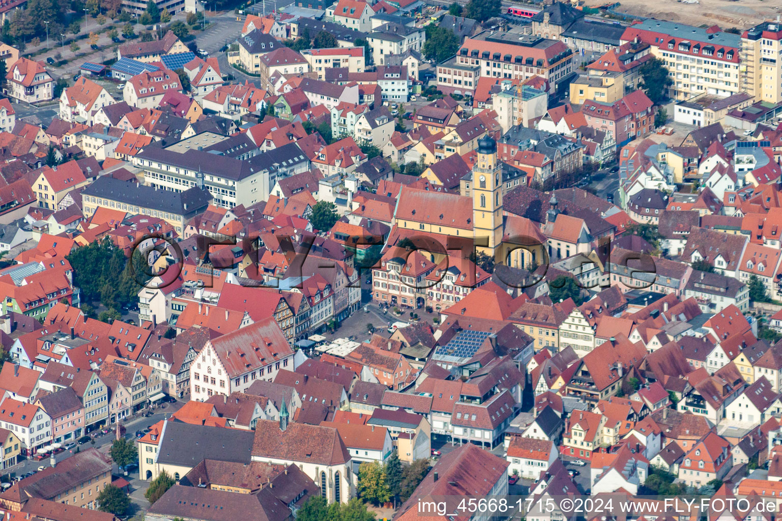 Aerial view of St. John's Cathedral in the Old Town in Bad Mergentheim in the state Baden-Wuerttemberg, Germany