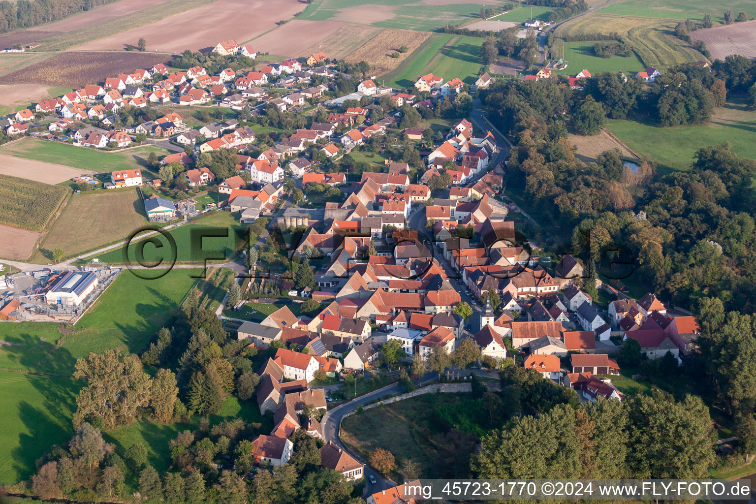 Town View of the streets and houses of the residential areas in Pommersfelden in the state Bavaria, Germany