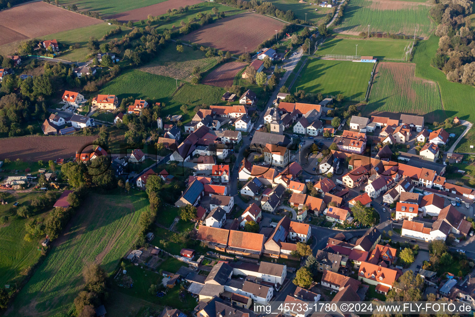 Aerial view of Settlement area in the district Roebersdorf in Hirschaid in the state Bavaria, Germany