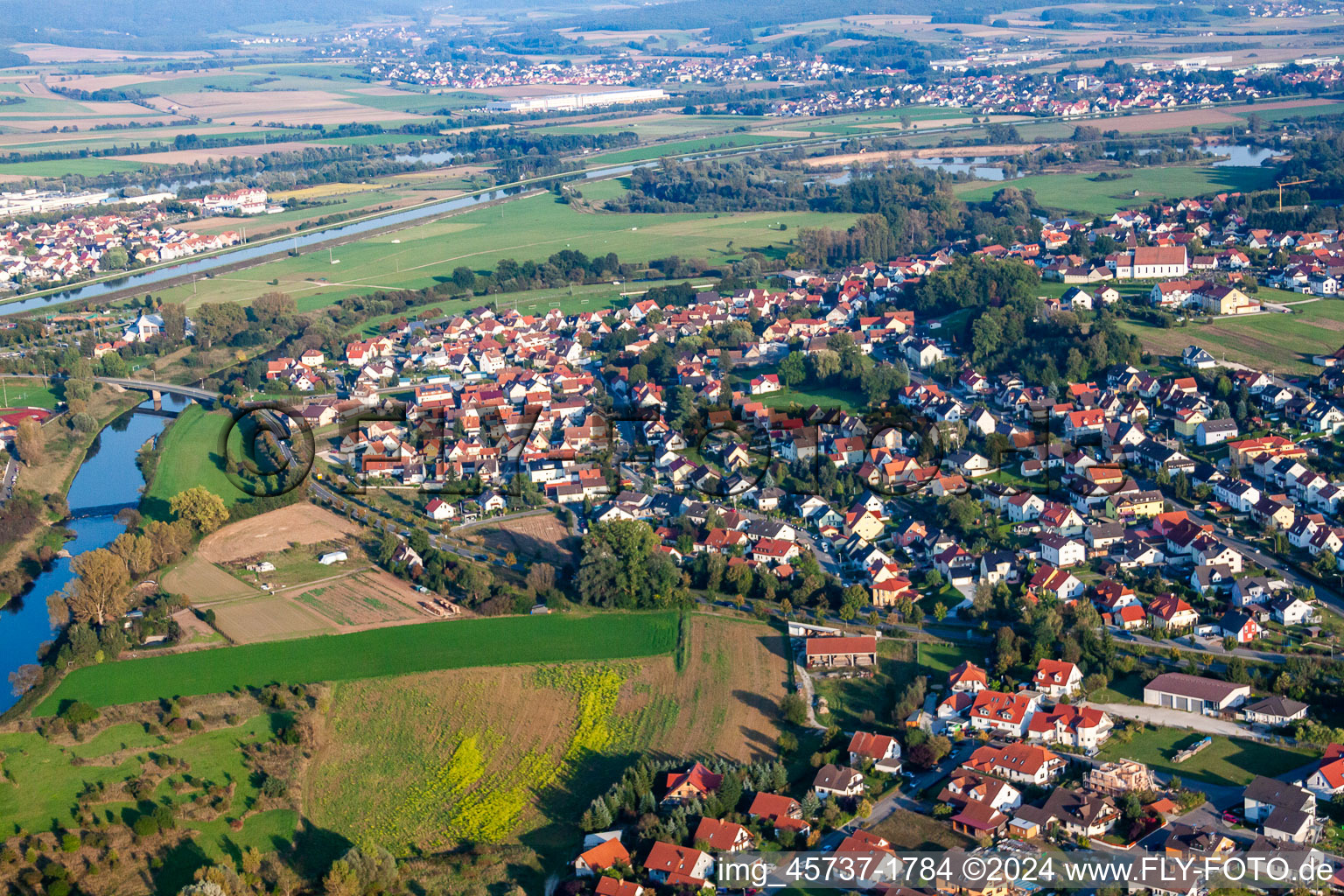 Aerial view of District Sassanfahrt in Hirschaid in the state Bavaria, Germany