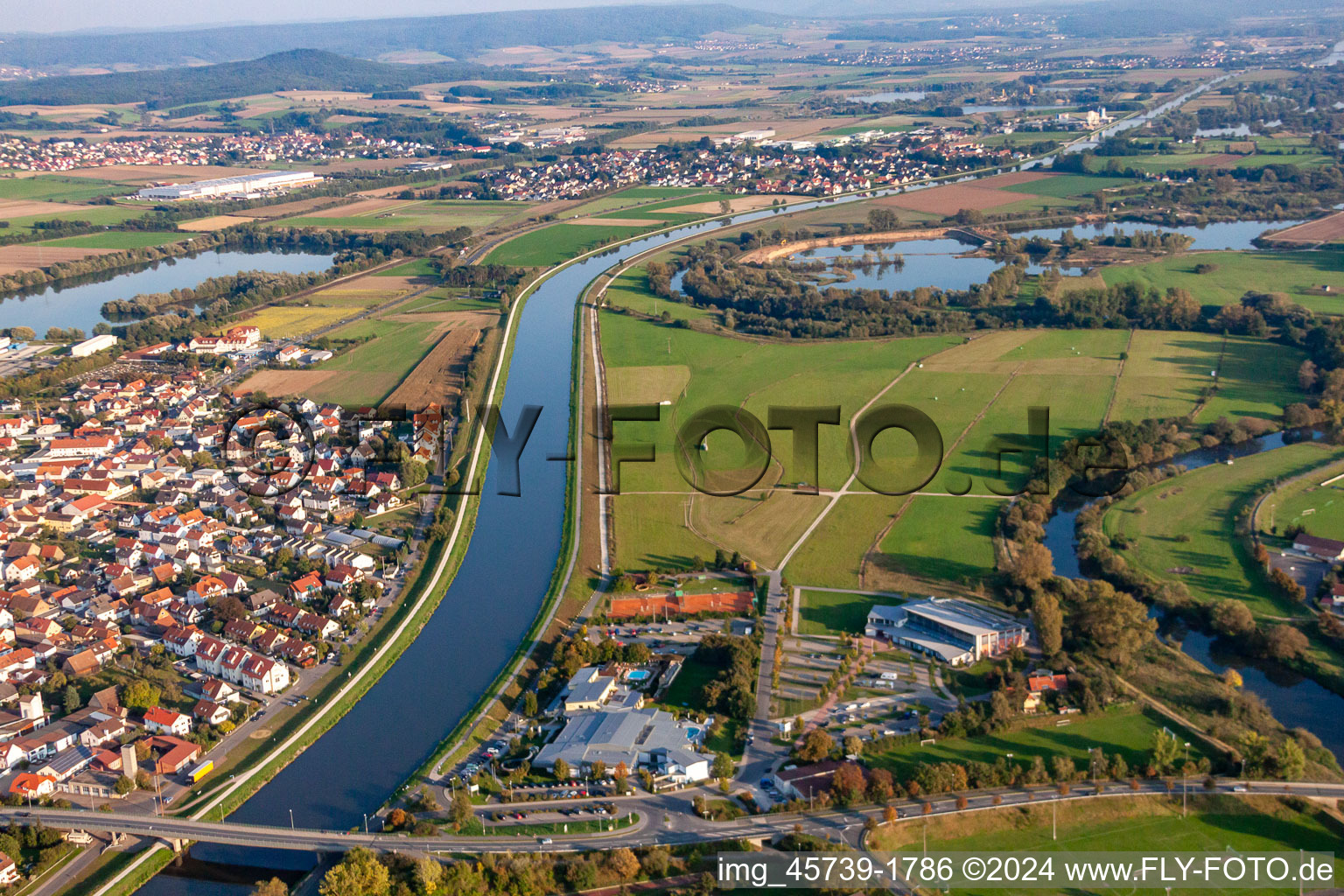 Aerial view of Danube Canal in Hirschaid in the state Bavaria, Germany