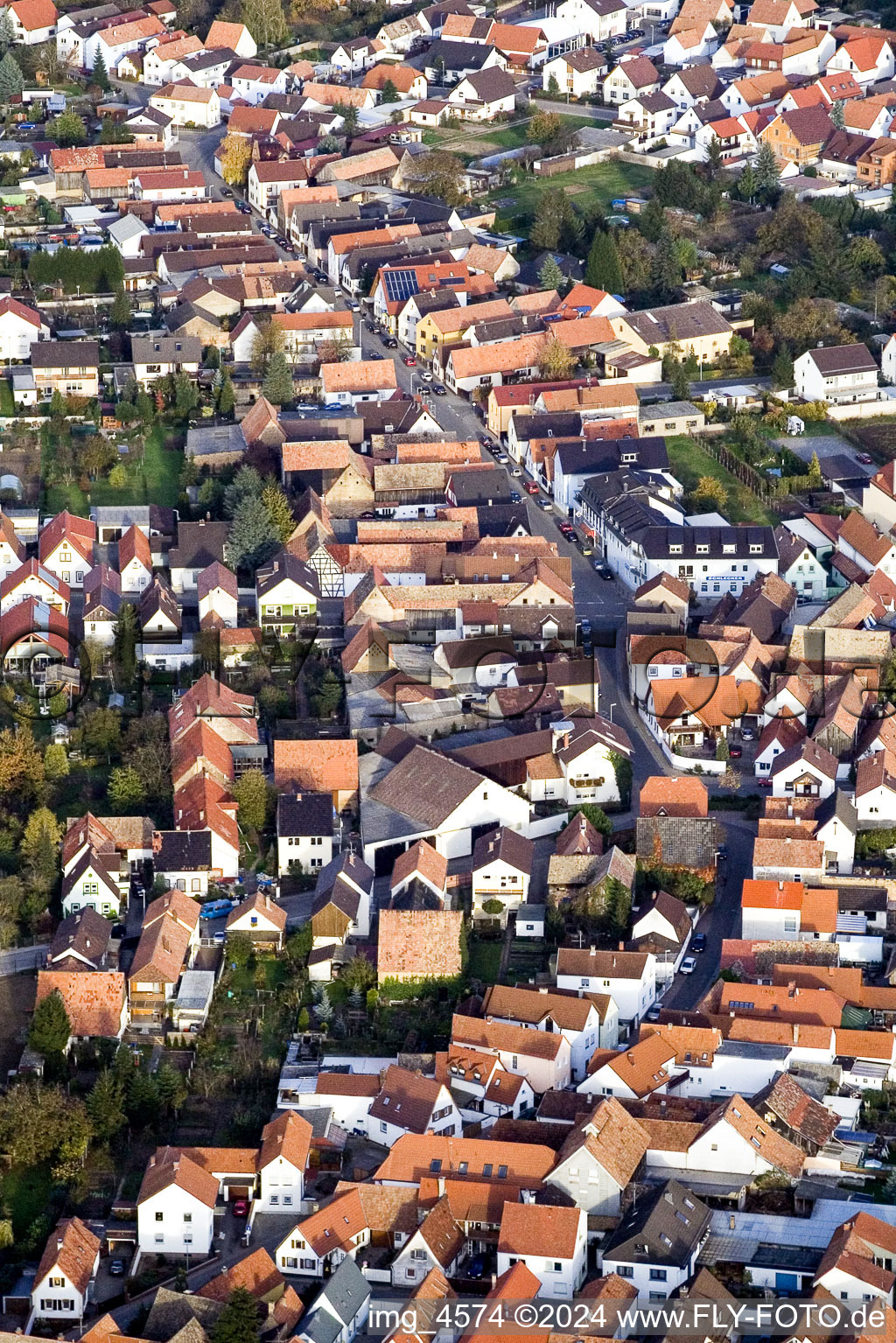 Aerial view of Town View of the streets and houses of the residential areas in Hoerdt in the state Rhineland-Palatinate