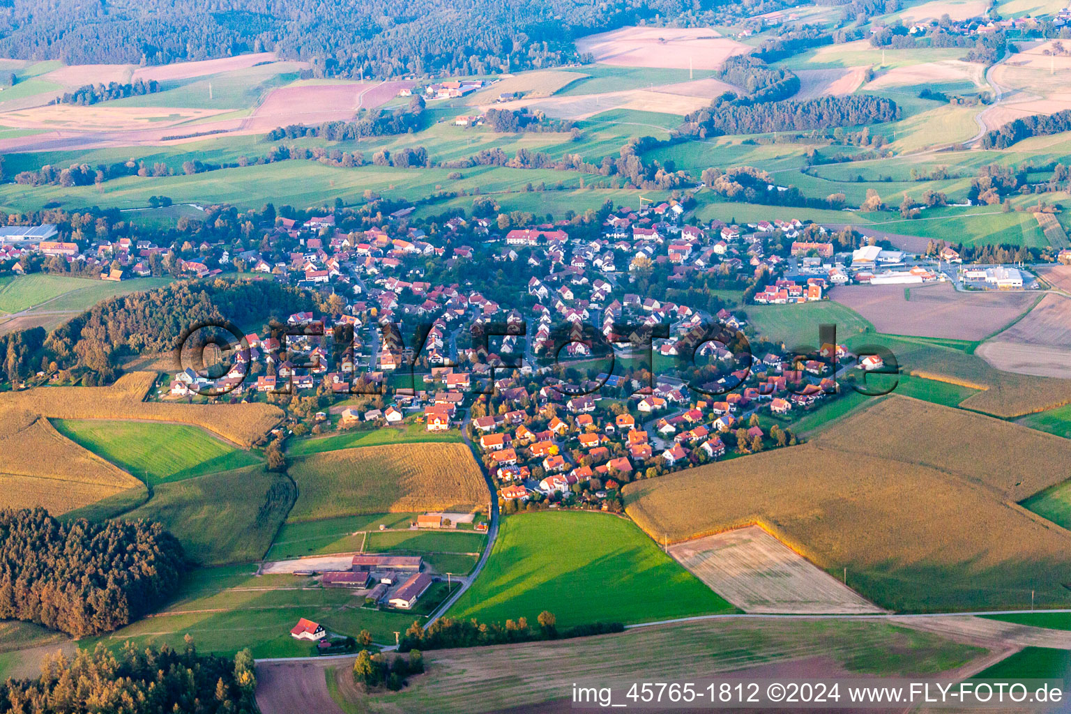 Village - view on the edge of agricultural fields and farmland in Heinersreuth in the state Bavaria, Germany