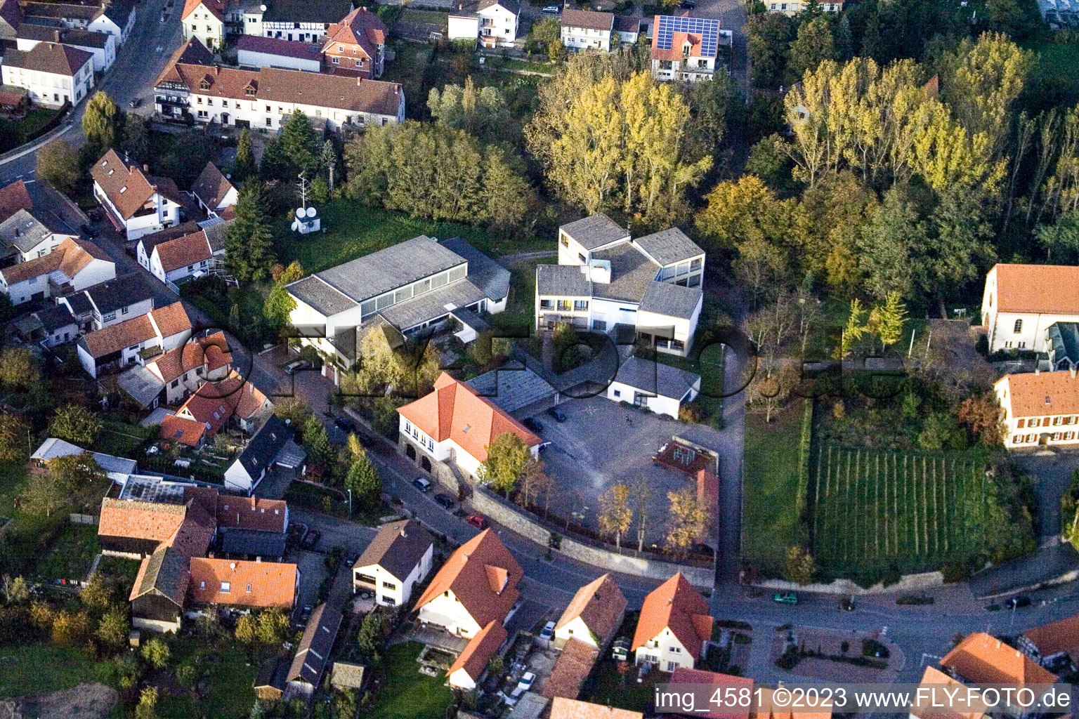 Aerial view of Heiligenberg, Church in Hördt in the state Rhineland-Palatinate, Germany