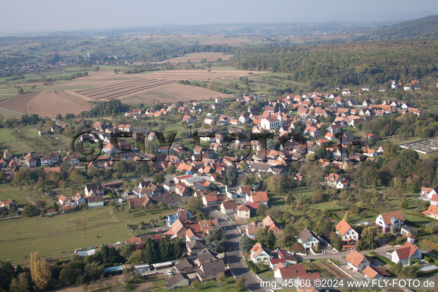 Bird's eye view of Merkwiller-Pechelbronn in the state Bas-Rhin, France