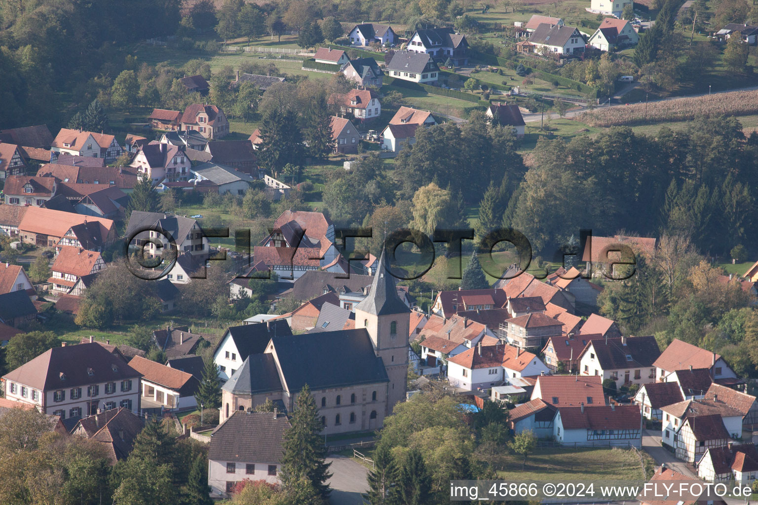 Bird's eye view of Preuschdorf in the state Bas-Rhin, France